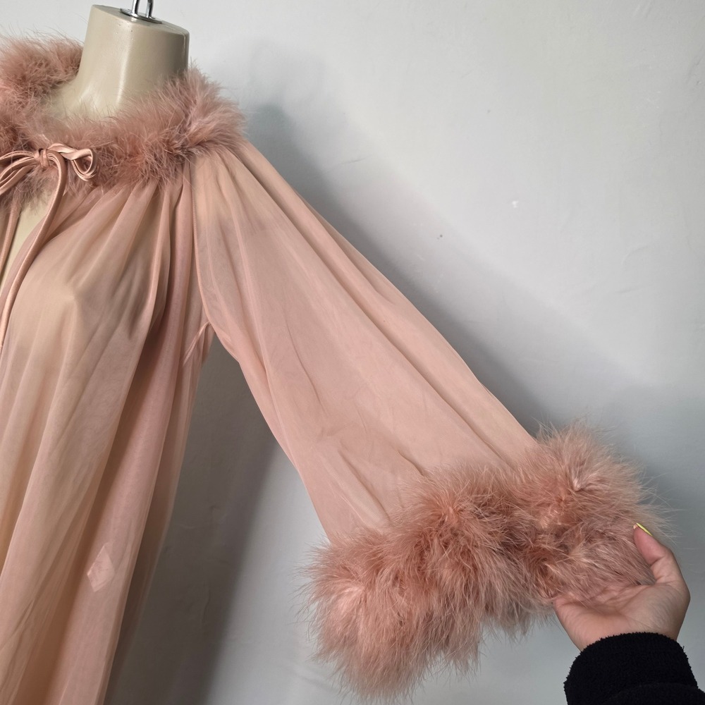 Intime of California Robe Women M Pink Sheer Feather Trim Long Mesh Vintage - Picture 9 of 10
